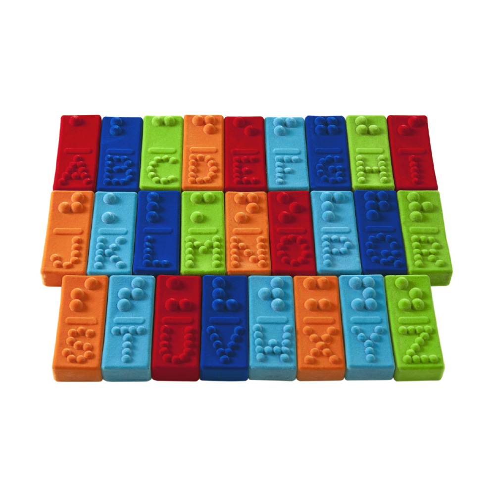 Braille alphabet tiles made from ecofriendly, fair trade foam rubber.