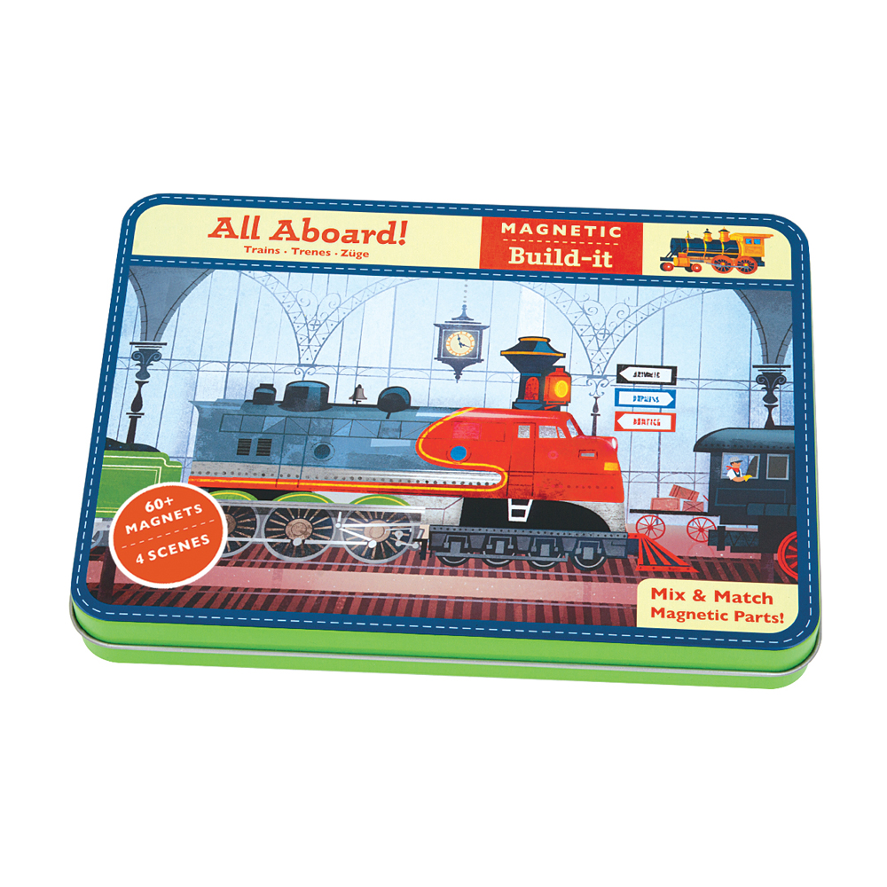 Portable activity kit with train in a metal tin.