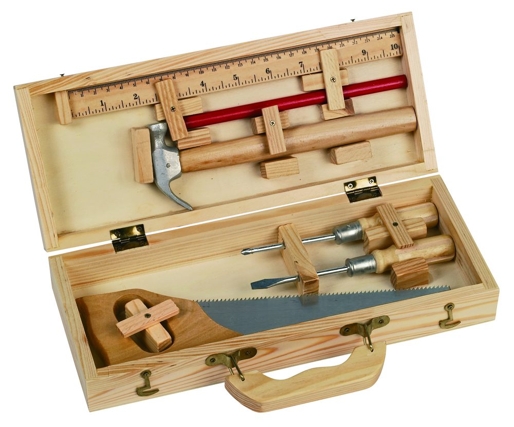 Woodworking Tool kit for kids includes 6 tools and keepsake box.
