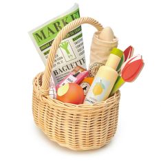Wicker Shopping Basket with Wooden Groceries