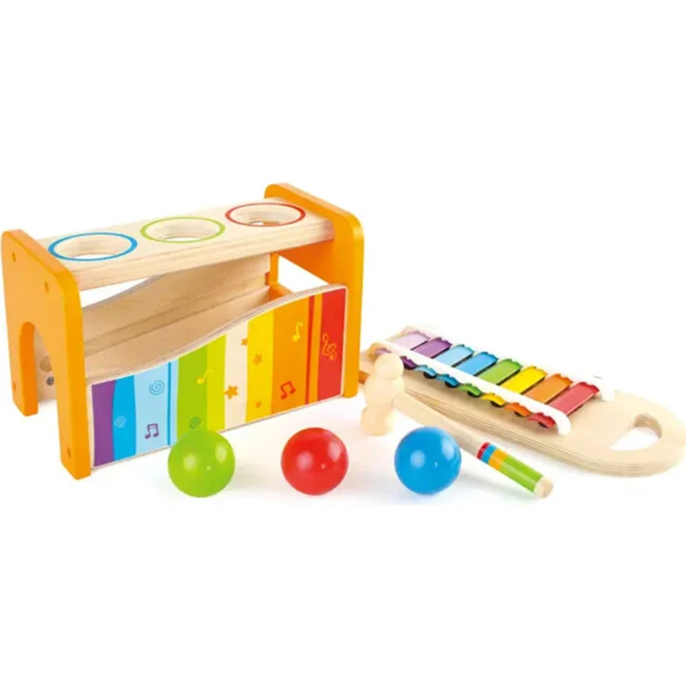 Musical wooden pounding toy for toddlers with removable xylophone.